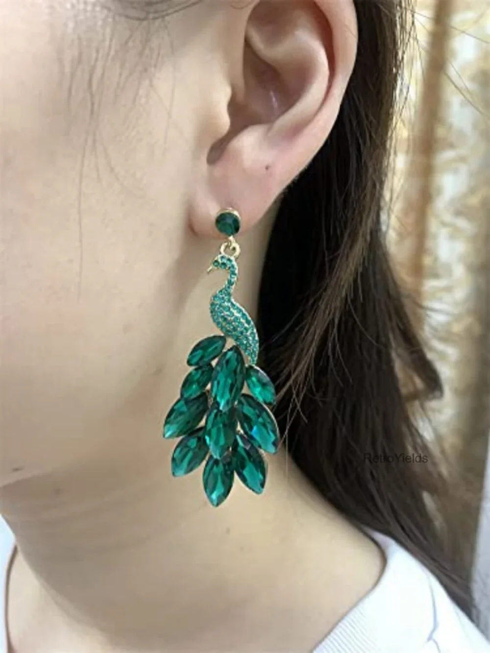 Vintage Peacock Dangle Earrings 14K Gold Plated Green Crystal Feather Statement